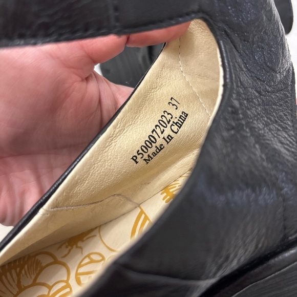 FLY London Black Leather Yaya Peep Toe Wedge Sandal Women's Size 37 - Picture 7 of 9